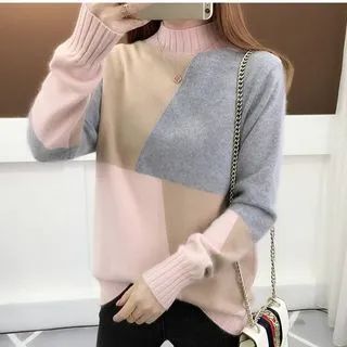 Mock-Neck Color Block Sweater | YesStyle Global