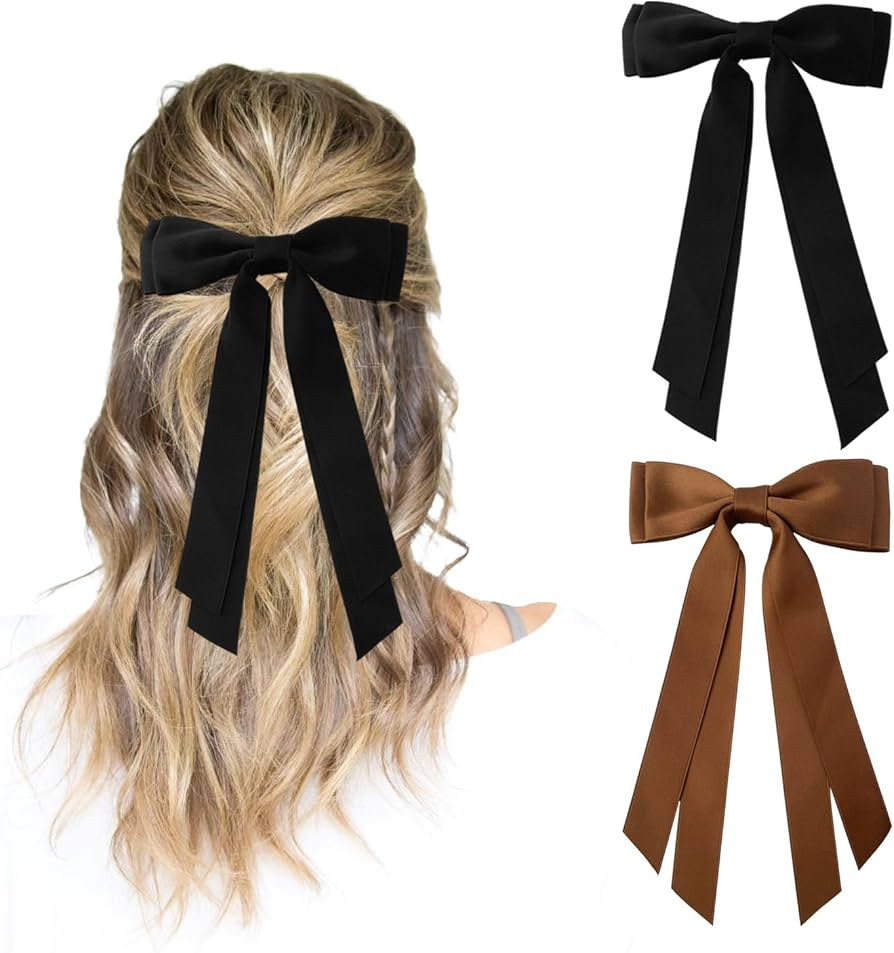 Black and Brown Hair Bows for Women - 2pcs Silky Satin Women Hair Bow Clips Ponytail Holders Hair... | Amazon (US)