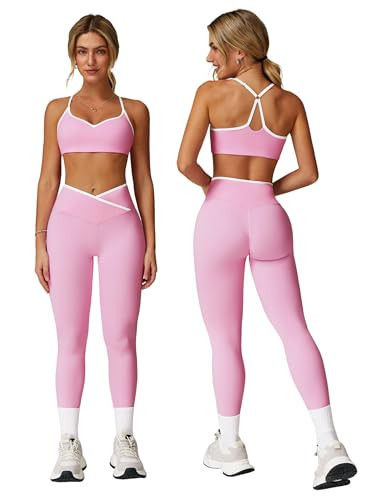 ABOCIW Workout Sets for Women 2 Piece Color Block Strappy Sports Bra Crossover High Waist Leggings Gym Sets Woman Yoga Pilates Outfits Athletic Work Out Clothes Pink Medium | Amazon (US)
