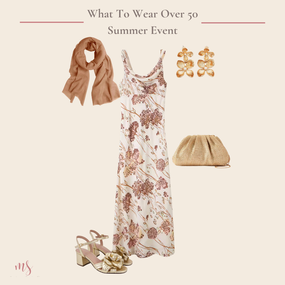 Summer evening event - long silk dress and cashmere shawl, gold sandals and clutch bag and statement gold earrings 

 #LTKuk #LTKover50style #LTKstyletip