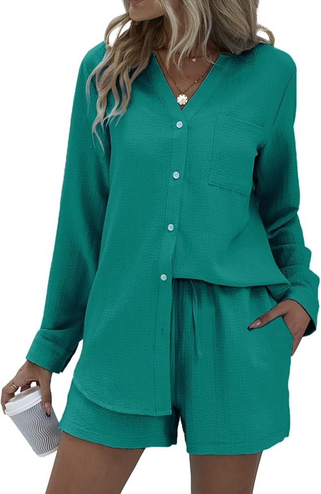 Ekouaer Women's Lounge Sets V Neck Button Down Shirt and Shorts 2 Piece Outfits Loungewear Pajama... | Amazon (US)