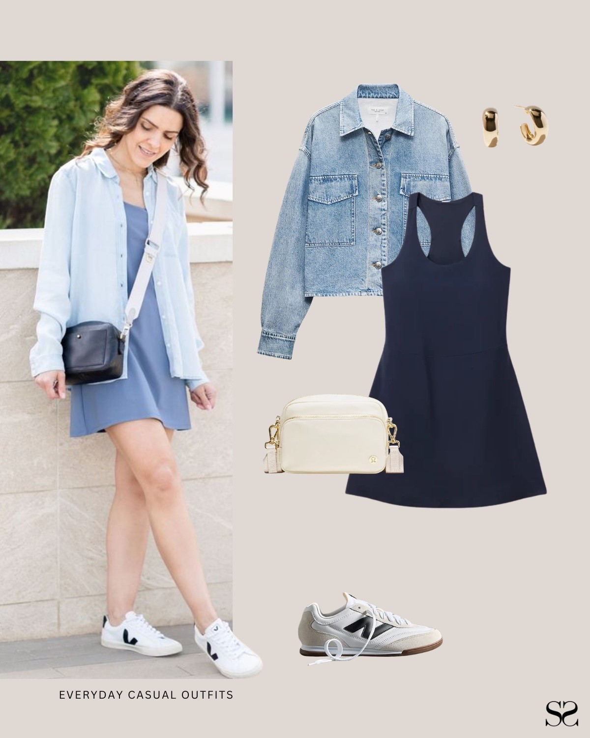 Outfit ideas for when getting dressed has to be easy: One piece, one layer, out the door.

Navy athletic dress, denim jacket, white crossbody bag, gold hoop earrings, New Balance sneakers

#LTKgrwm #LTKootd