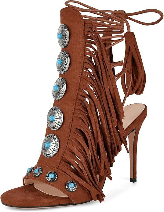 Gladiator Heels Tassels Open Toe Sandals Fringe Lace up Ankle Strappy High Heels Sandals | Amazon (US)