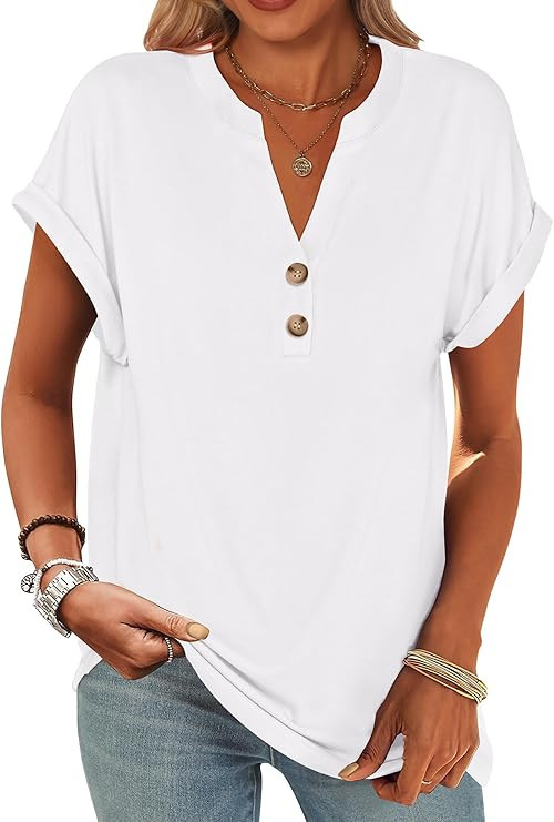 ANRABESS Womens Short Sleeve Henley Tops V Neck Dressy Casual Blouses Summer Trendy Tee Shirts 20... | Amazon (US)