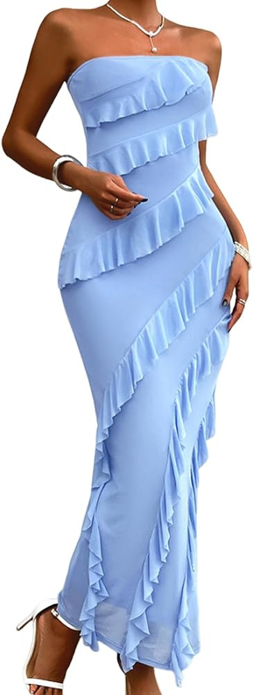 Femfady Women's Bodycon off The Shoulder Tube Top Strapless Ruffle Going out Graduation Long Dres... | Amazon (CA)