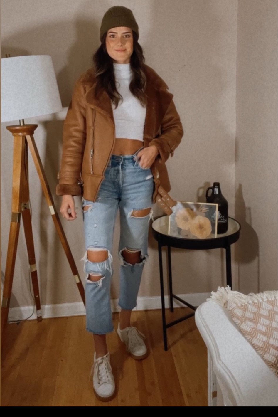 Oversized Moto jacket// blue jeans// white cropped turtleneck// olive green beanie// white gum bottom sneakers 

#LTKSeasonal #LTKstyletip #LTKGiftGuide