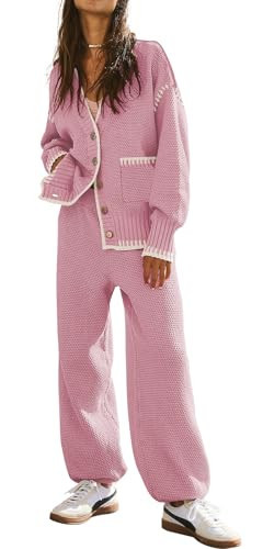 Women's 2 Piece Outfit Lounge Set Trendy Cardigan Sweater Pants Sets V Neck Button Pocket Knit Matching Loungewear | Amazon (US)