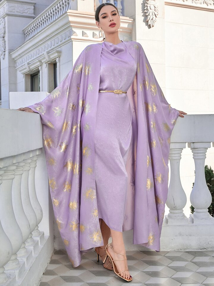 SHEIN Najma Gold Floral Print Batwing Sleeve Open Front Coat & Belted Dress | SHEIN