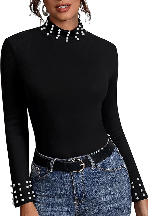 SweatyRocks Women's Casual Mock Neck Long Sleeve Beaded Solid Slim Fit Tee Shirt | Amazon (US)