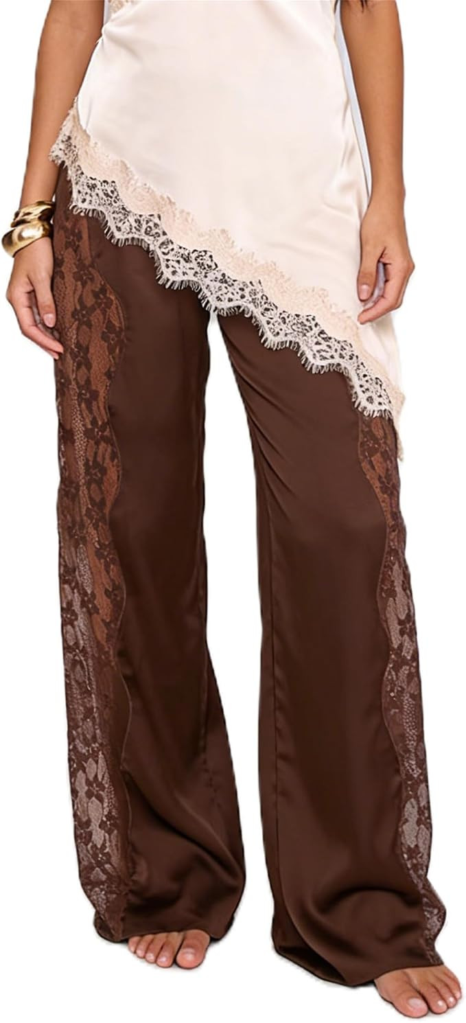 Women Satin Silk Wide Leg Pants Sheer Lace Side Panels Drawstring Pj Lounge Bottoms Trendy Casual... | Amazon (US)