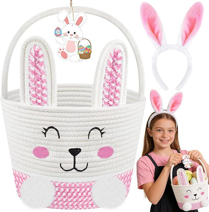 Easter Basket for Girls Kids - Pink Small Woven Bunny Egg Basket with Bunny Ears Headband Name Ta... | Amazon (US)