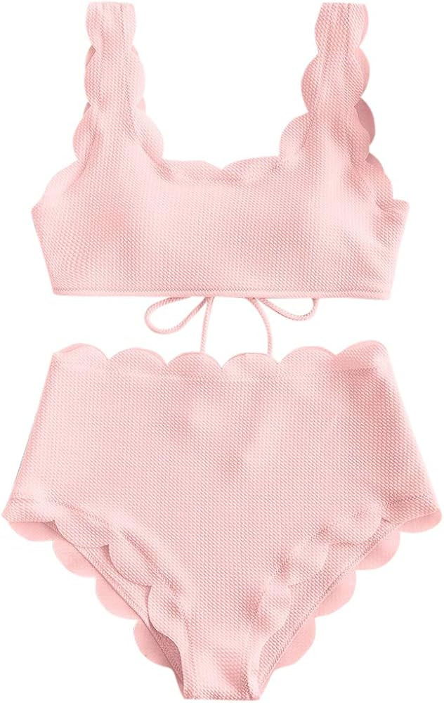 ZAFUL Women's High Waisted Wide Strap Adjustable Back Lace-up Bikini Set Swimsuit | Amazon (US)