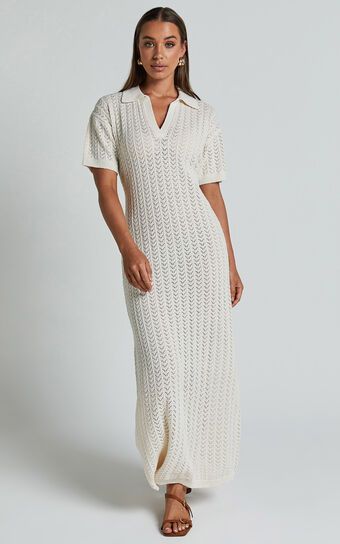 Mellissa Knitted Maxi Dress - Polo Neck Crochet Knitted Dress in Beige | Showpo (US, UK & Europe)