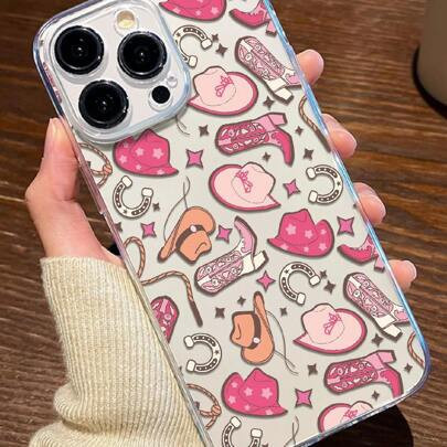 Apple Western 1pc Pink Cowboy Pattern Transparent TPU Phone Case With Full Coverage Camera Protection Compatible With Iphone, Anti-Drop And Anti-Finge | SHEIN