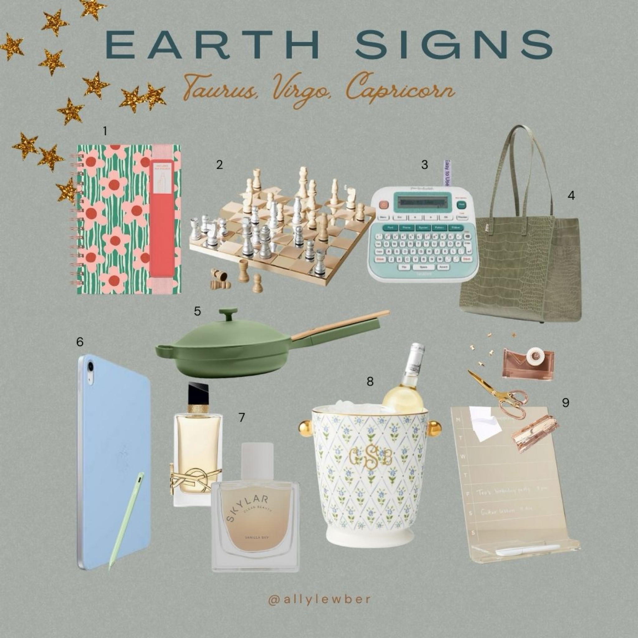 1. Notebooks
2. Vintage Chess board
3. Brother P-Touch label maker 
4. Beis Work Tote 
5. The Always Pan
6. iPad and Apple Pen 
7. My go-to fragrances 
8. Personalized Wine Chiller for hosting
9. Acrylic office supplies 