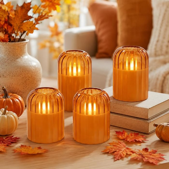 Fall Decorations for Home, Orange Glass Flameless Candles with Remote & Timer, Set of 4 Real Wax ... | Amazon (US)