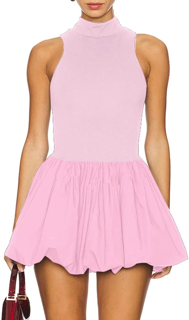 Women's Summer Bubble Mini Dress Sexy Mock Neck Sleeveless Tank Dress Party Club Bodycon Short Dr... | Amazon (US)