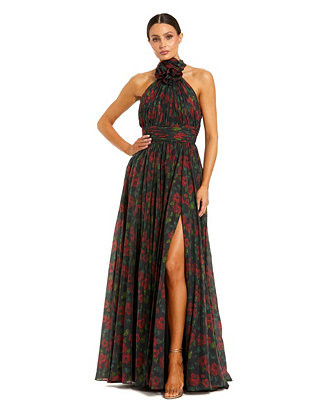 Women's Floral Chiffon 3D Flower Halter Neck Gown | Macy's