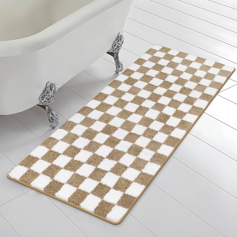 Checkered Machine Washable Runner Rug, 2x4 Khaki Geometric Water Absorbent Bath Mat, Non-Slip Lon... | Amazon (US)