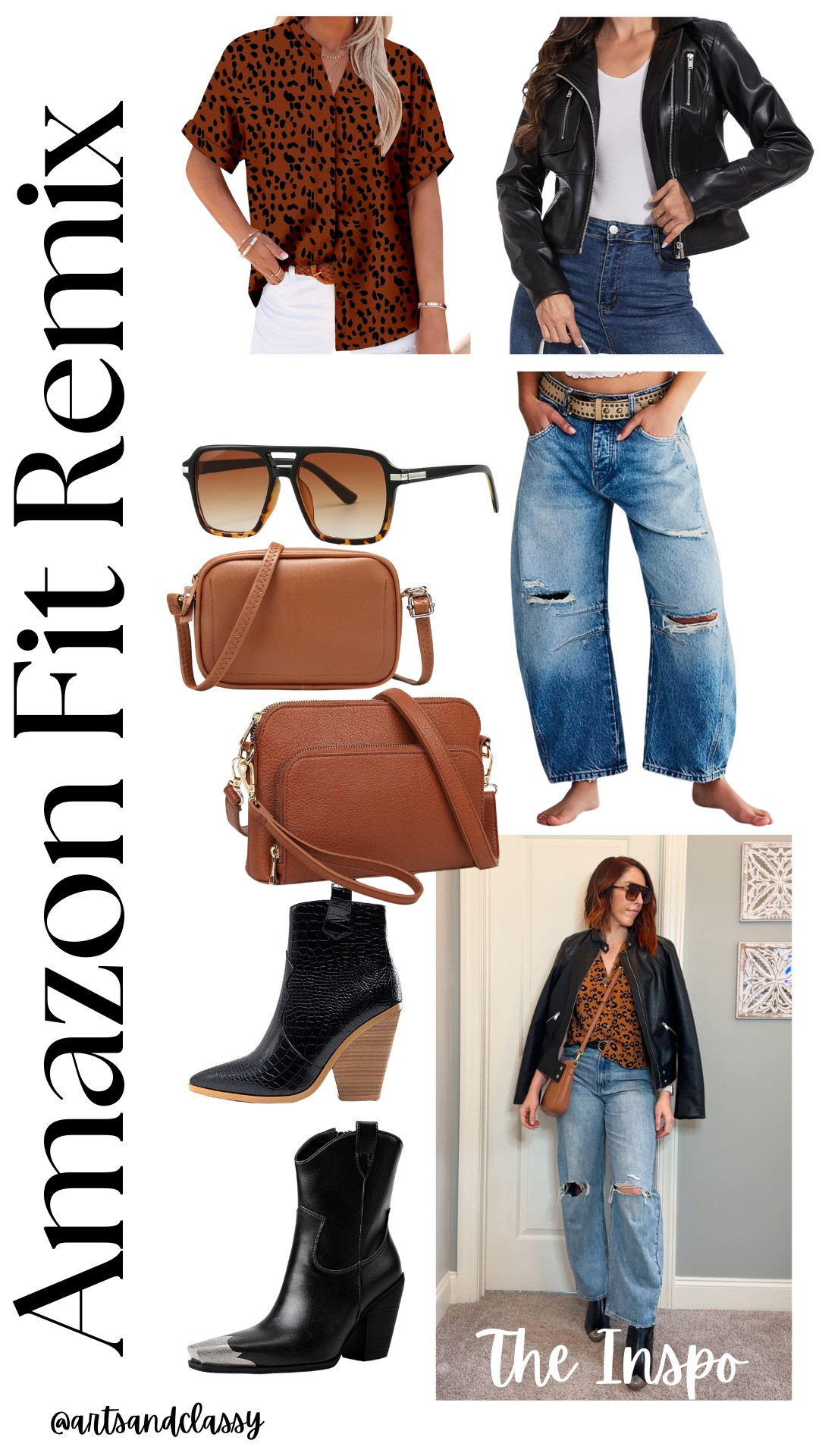 Mixing edge with comfort—these barrel jeans are a tall-girl fave! Paired with a leopard print top, moto jacket, western booties, aviators, and a crossbody bag, this look is perfect for travel or casual days. Shop the full outfit on my Amazon storefront! #AmazonFashion #TallGirlFashion 

 #LTKSeasonal #LTKMidsize #LTKStyleTip