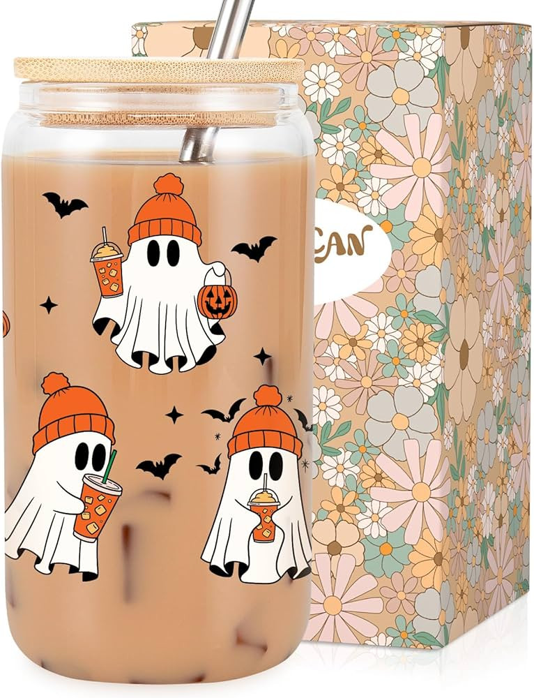 LEADO 16 oz Ghost Cup, Cute Halloween Tumbler with Lid and Straw | Halloween Gifts | Boo Basket S... | Amazon (US)