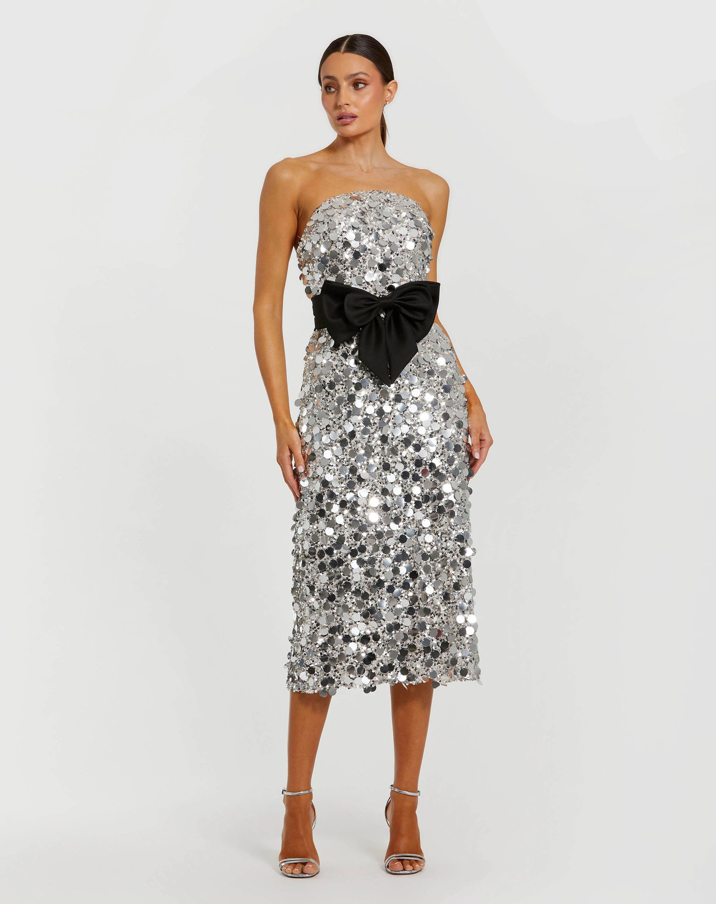 Silver Strapless Paillette Column Midi Dress With Bow | Mac Duggal | Mac Duggal