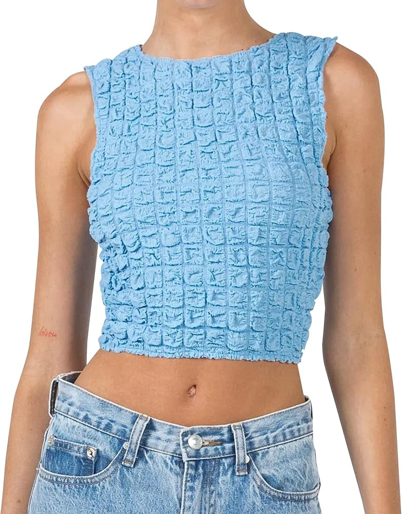 MISSACTIVER Women's Casual Popcorn Crop Tank Top Round Neck Sleeveless Crop Tops Solid Slim Fit G... | Amazon (US)