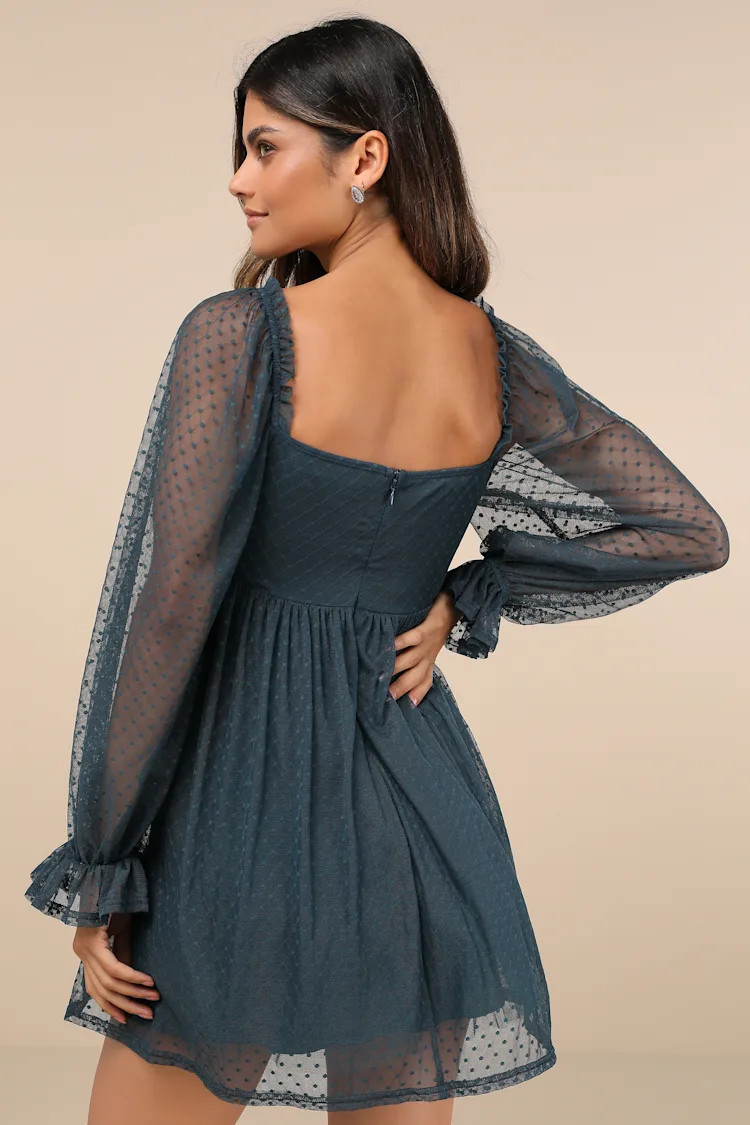 Dreamy Sweetness Dark Teal Swiss Dot Ruffled Mini Babydoll Dress | Lulus