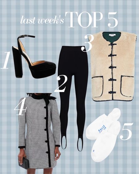 Last Week’s Top 5 best sellers! A black platform I’ve been wearing on repeat, stirrup leggings that are incredibly comfortable, a shearling vest fun for layering, a winter dress perfect for all the holiday event, and my tried and true invisible sneaker socks!

#LTKstyletip #LTKsalealert #LTKCyberweek