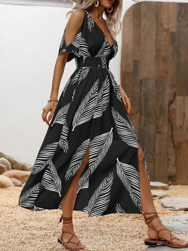 SHEIN VCAY Tropical Print Cold Shoulder Split Thigh Dress | SHEIN