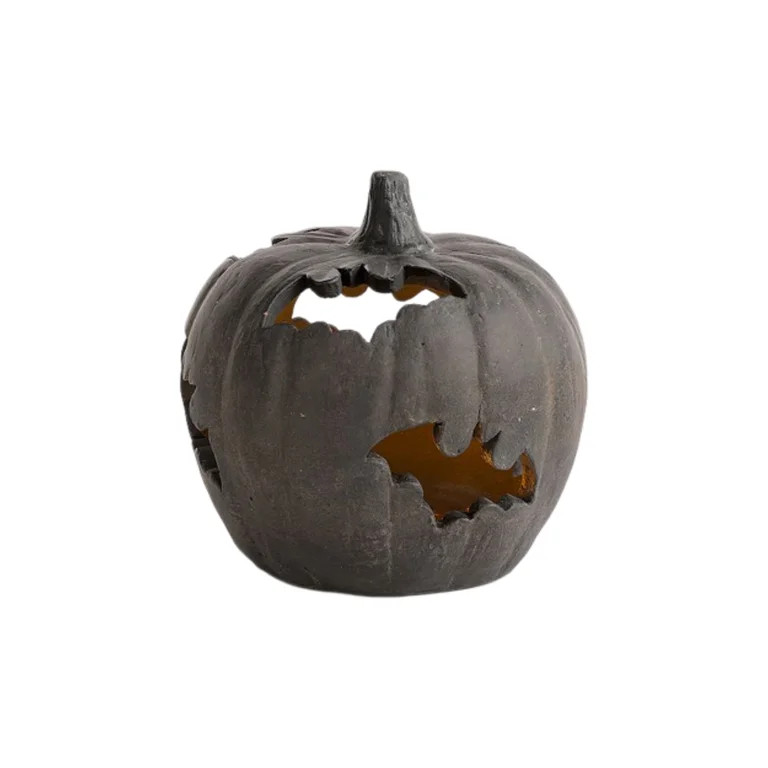 Terracotta-Effect Bat Cutout Pumpkin, Halloween LED Light Up Resin Pumpkin Lantern with Bat Hollo... | Walmart (US)