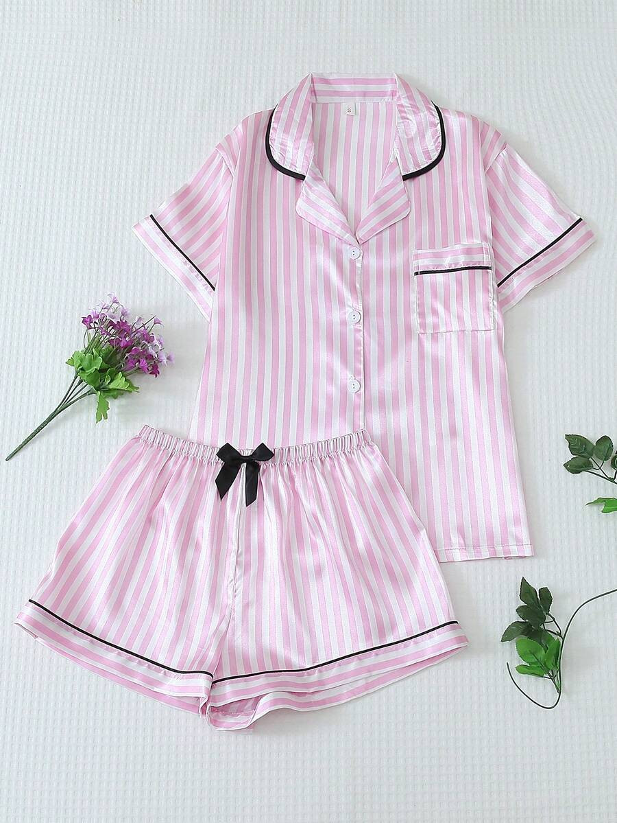 2pcs Satin Trim Collar Short Sleeve Top And Bow Tie Striped Shorts Pajama Set For Women, Summer L... | SHEIN