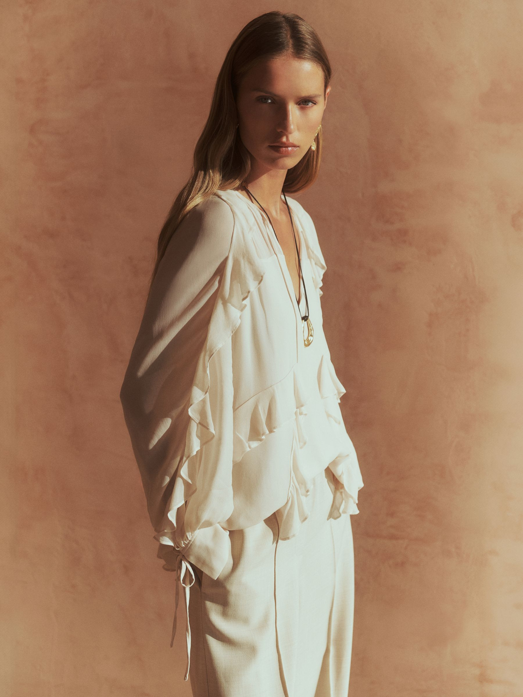 Ruffle Trim Tie Neck Top in Pale Pink | Reiss US