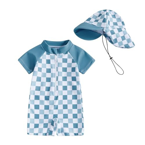 mlpeerw Baby Boy Girl Swimsuit One Piece Short Sleeve Rash Guard Zipper Swimwear Toddler Bathing Suit Infant Beach Outfits (Checkerboard-Blue, 6-12 Months) | Amazon (US)