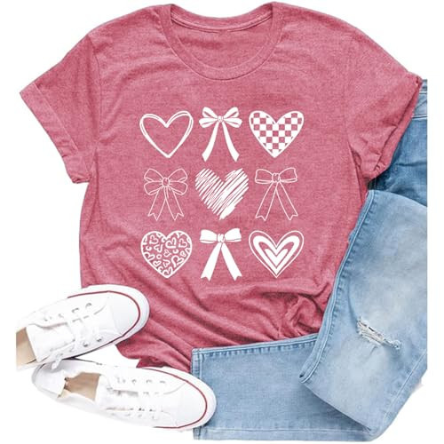 Cutesong Valentines Shirt for Women Romantic Love Heart Bow T-Shirts Valentine Day Lover Tee Tops | Amazon (US)