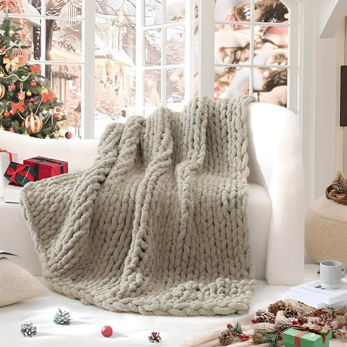 WRENSONGE Sage Green Chunky Knit Blanket Throw, 50"x60" Large Chunky Knit Throw Blanket for Couch, Bed, 100% Hand Made Chenille Throw Blanket, Soft Fluffy Cable Knit Blanket Warm Machine Washable | Amazon (US)