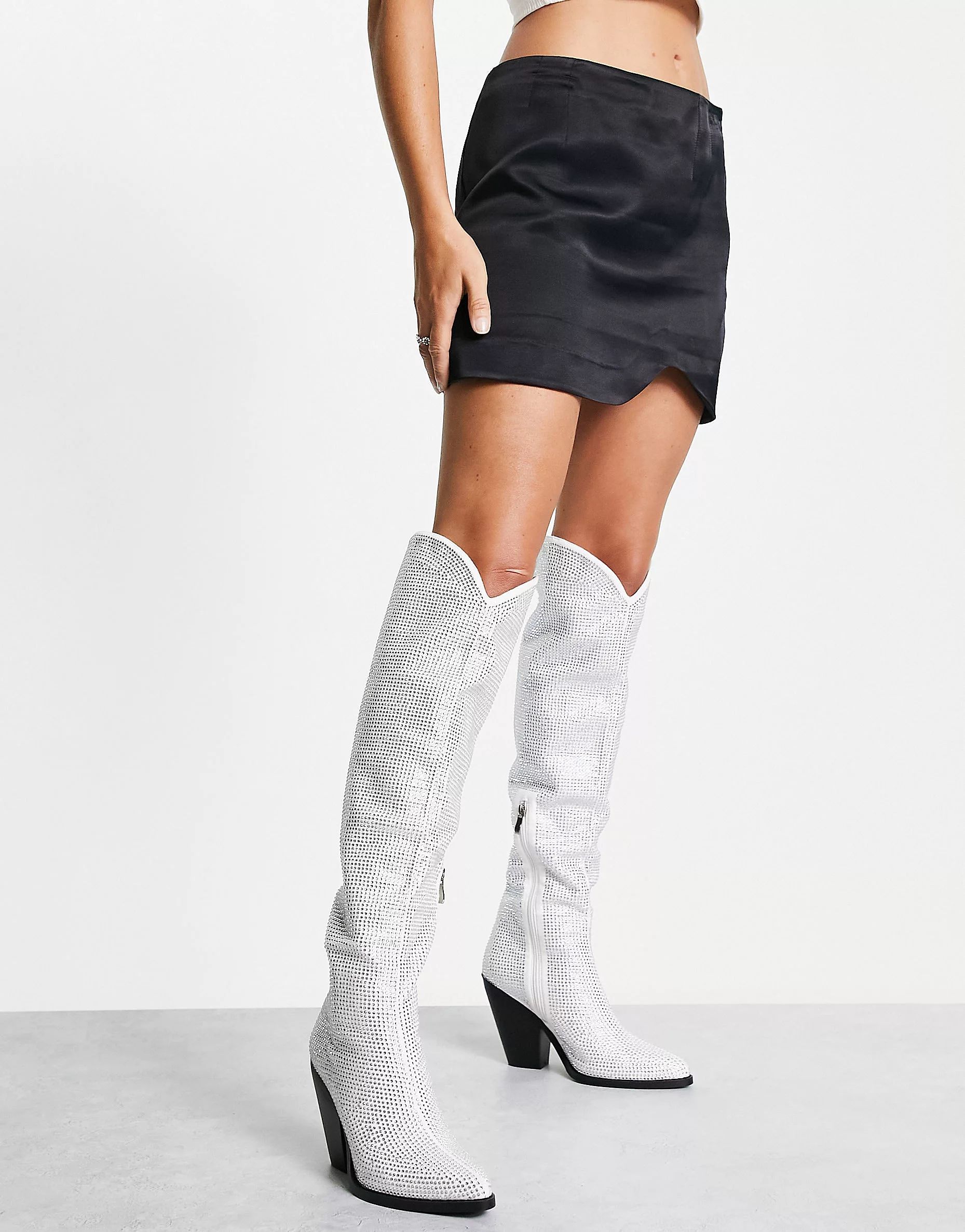 Azalea Wang Nash rhinestone western boots in white and silver | ASOS (Global)