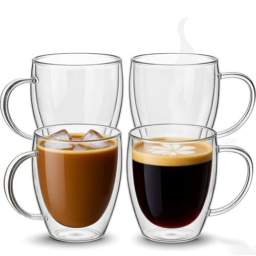 Set of 4 Double Walled Glass Coffee Mugs with Handles, 12oz Clear Coffee Mugs for Hot/Cold Beverages, Insulated Borosilicate Glass Cups for Cappuccino, Espresso, Latte, Tea, Milk, Microwave Safe | Amazon (US)