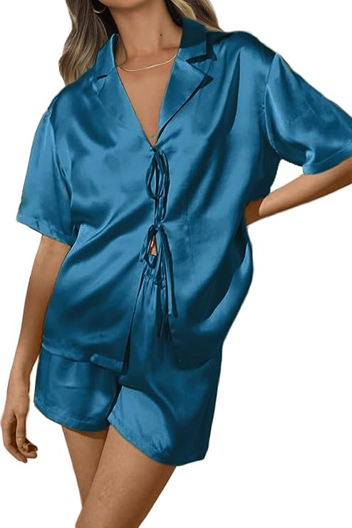 CHYRII Women's Silk Satin Pajamas Sets Tie Front Short Sleeve Tops and Shorts Two Piece Pj Sets S... | Amazon (US)