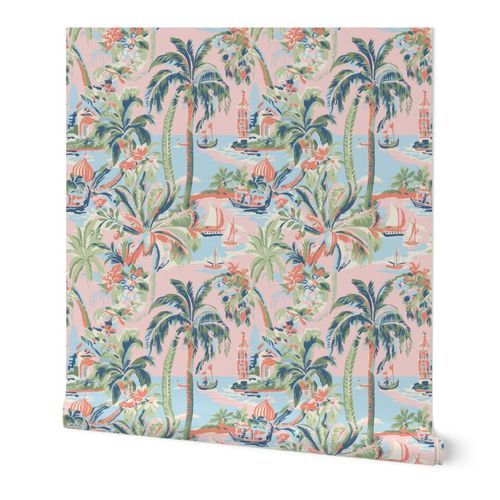 Tropic Toile Pink Muted | Spoonflower