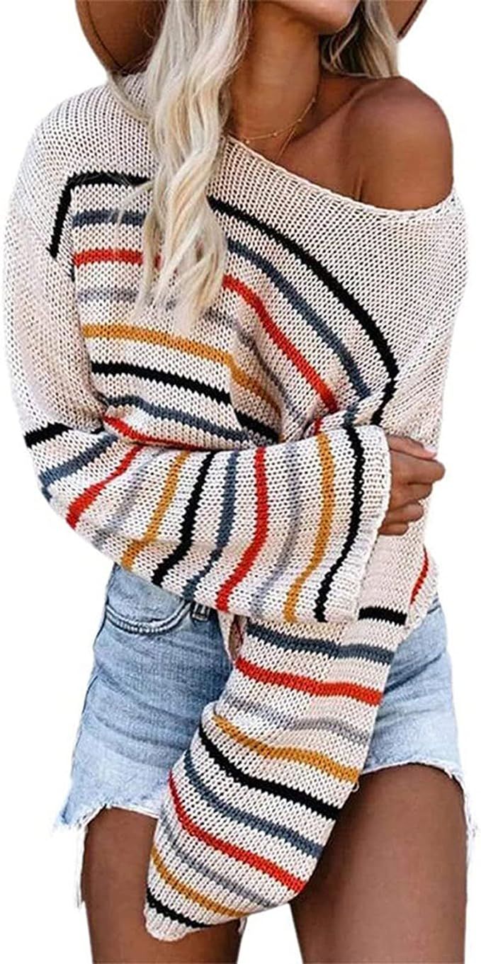 TOLUON Knitwear Sweater All Match Off Shoulder Sexy Stripe Knitted Blouse Casual | Amazon (US)