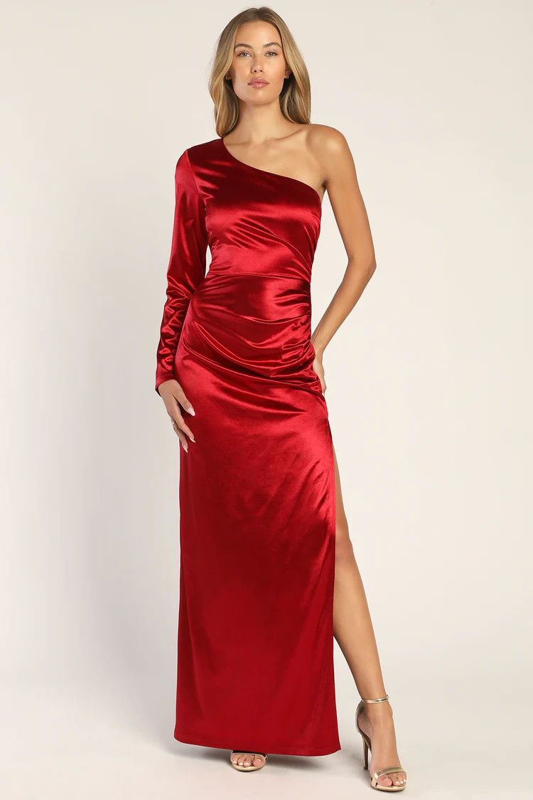 Passionate Poise Red Satin One-Shoulder Ruched Maxi Dress | Lulus (US)