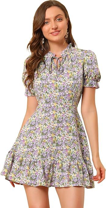 Allegra K Women's Summer Chiffon Dress Ruffle Tie Neck Puff Short Sleeve Floral Dress | Amazon (US)