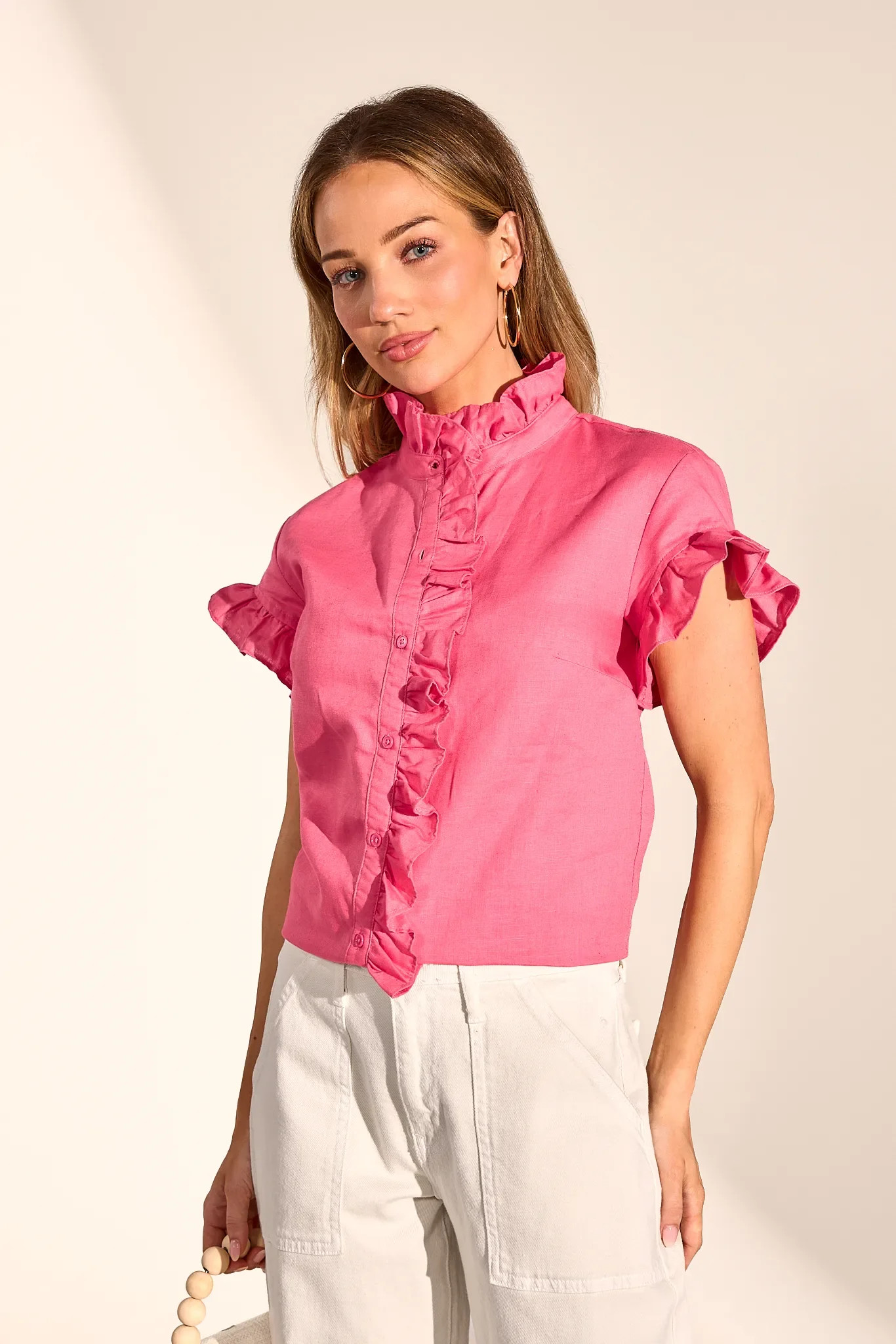 Maria Pink Ruffle Button Up Top | Avara