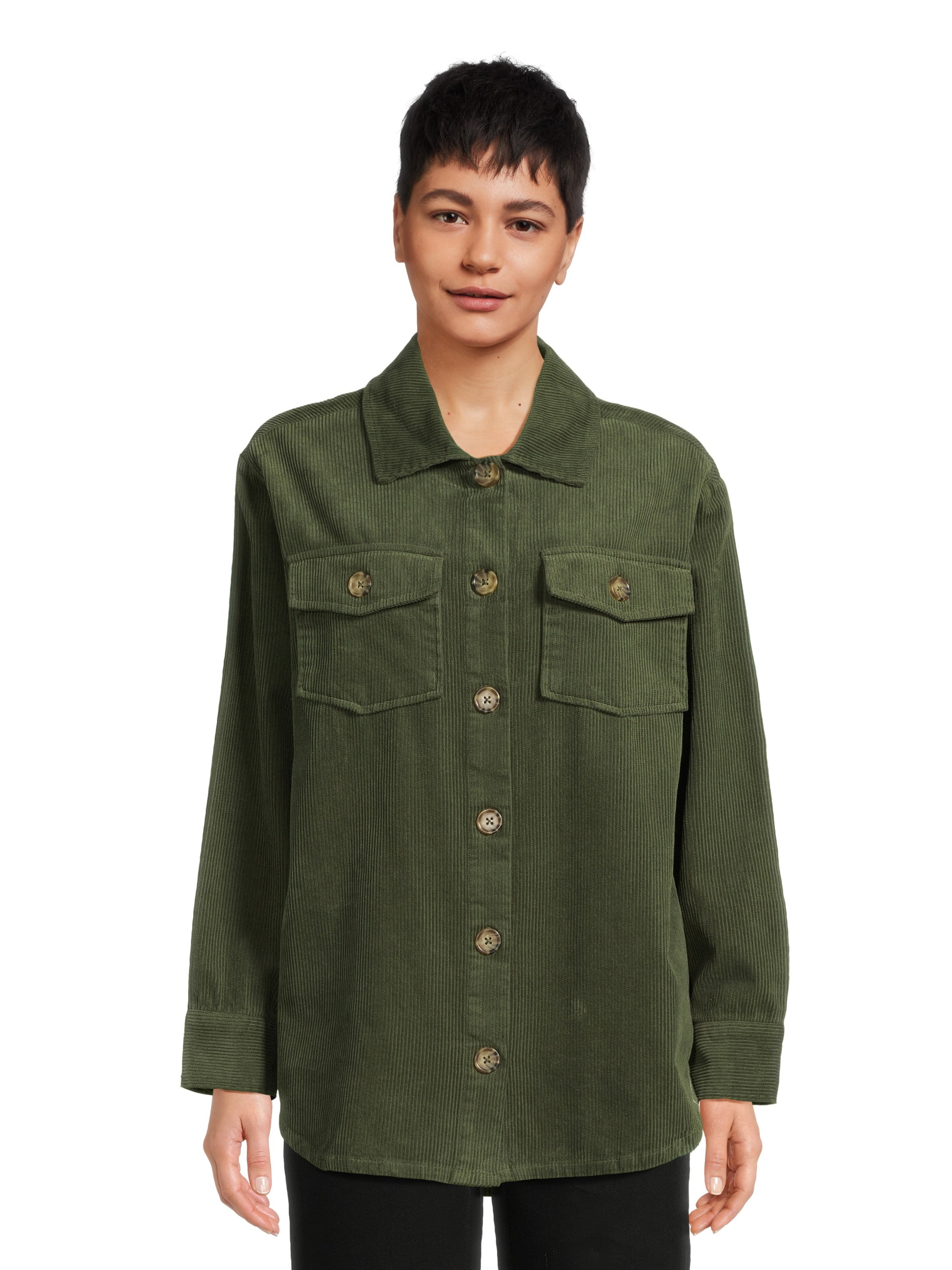 Time and Tru Women's Button Down Corduroy Shacket with Pockets, Sizes XS-XXXL | Walmart (US)