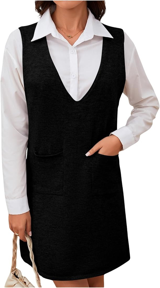 OYOANGLE Women's Knitted Solid Sweater Dress | V Neck, Sleeveless, Short, with Pockets | Amazon (US)