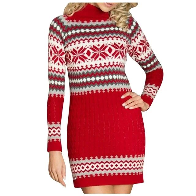 vbnergoie Ladies Christmas High Collar Neck Print Long Sleeve Sweater Dress Women Universal Threa... | Walmart (US)