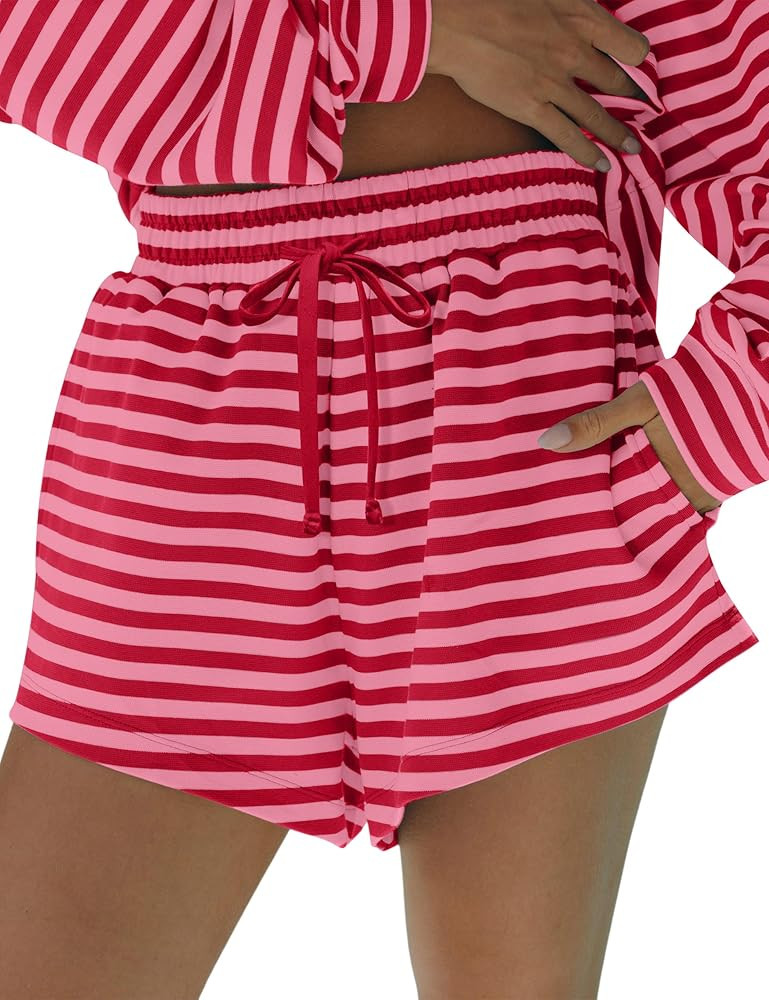Women Low Rise Striped Drawstring Casual Loose Wide Leg Shorts with Pockets | Amazon (US)
