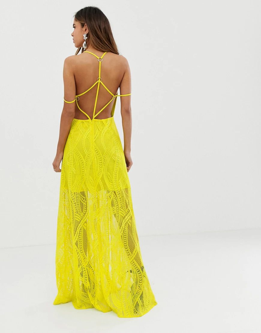 ASOS DESIGN maxi dress in lace cutwork with strappy back and metal ring detail-Green | ASOS (Global)