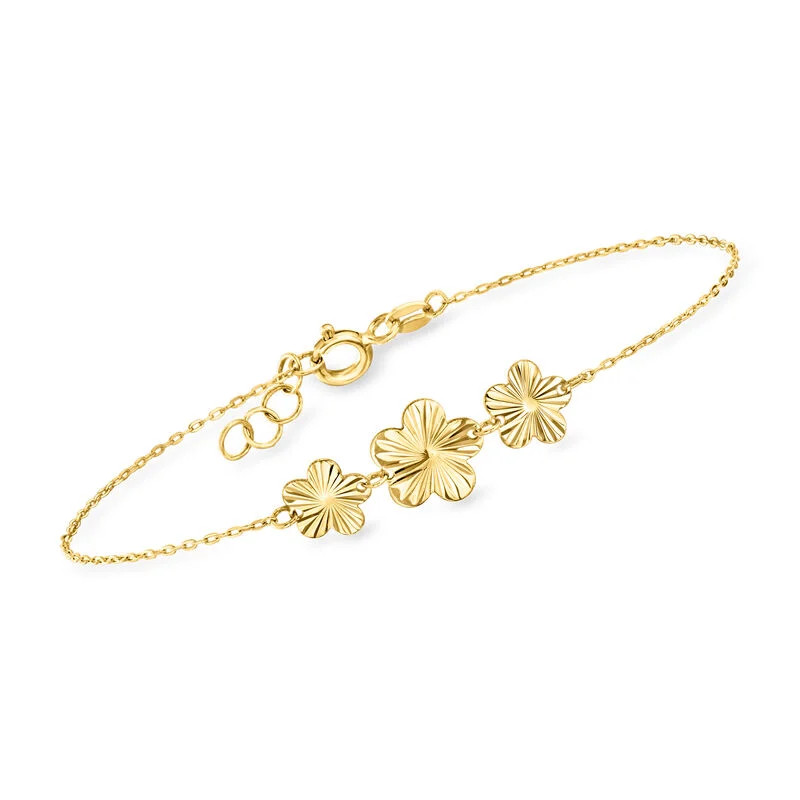 Italian 10kt Yellow Gold Flower Trio Bracelet. 6.5" | Ross-Simons